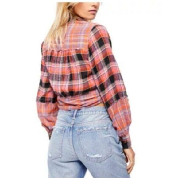 NWT Free People First Bloom Plaid Buttoned Tie Front Blouse Small - Picture 3 of 16